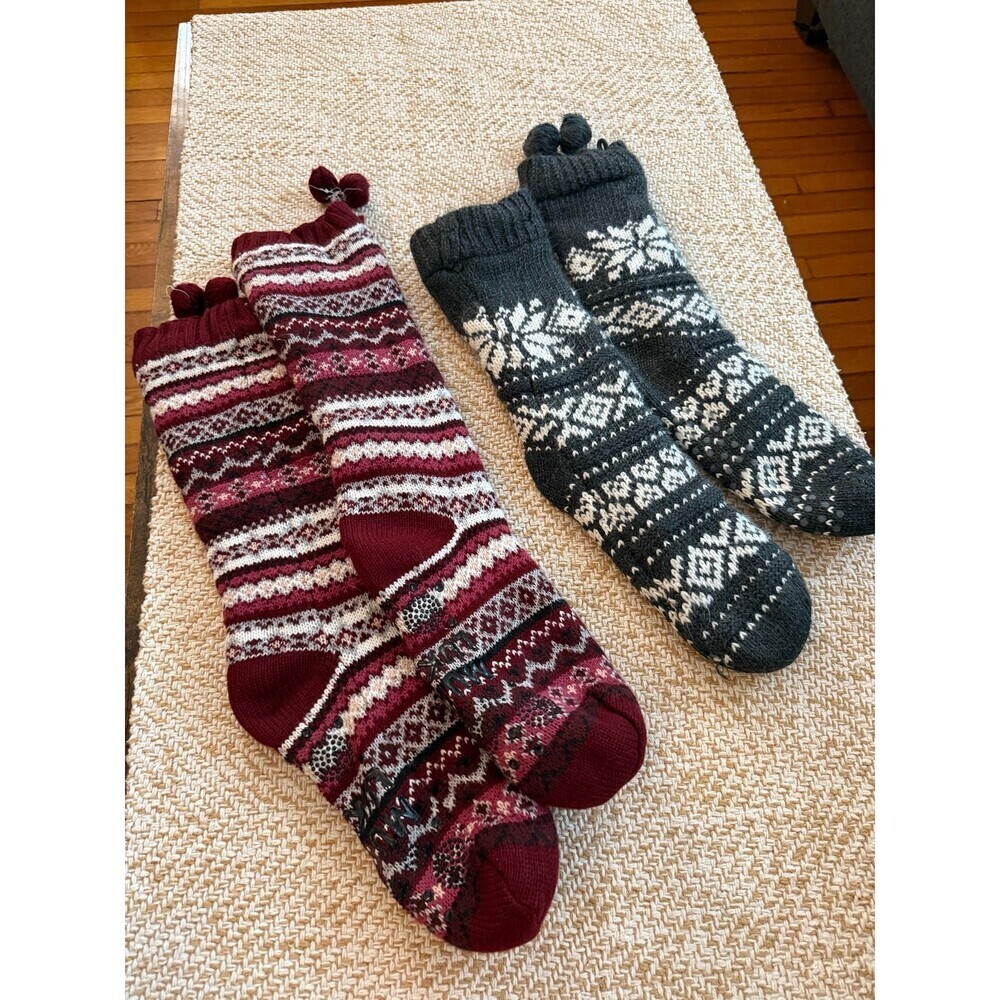 Cozy Knit Slipper Socks Set – Red Fair Isle & Gray Snowflake